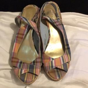 Tommy Hillfiger Plaid Wedge Heel Peeptoe Sz 7.5M